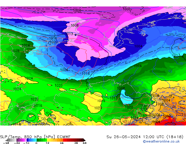 SLP/Temp. 850 hPa ECMWF Su 26.05.2024 12 UTC