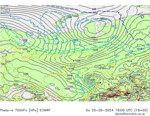 Theta-e 700hPa ECMWF Sa 25.05.2024 18 UTC