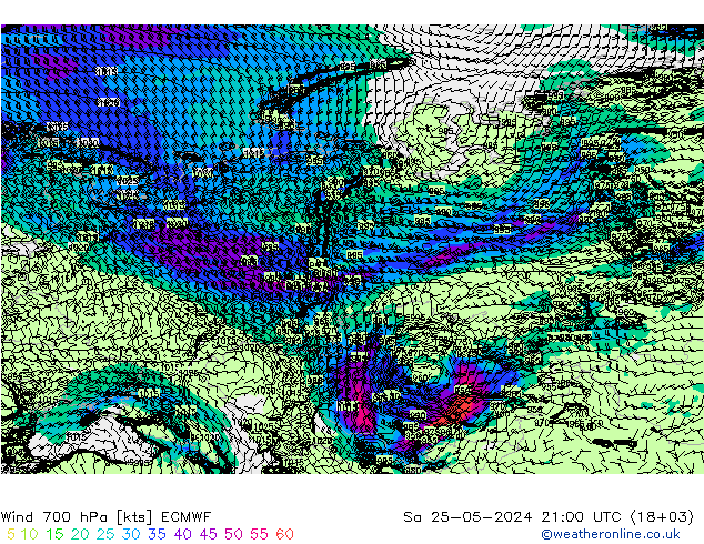 Wind 700 hPa ECMWF Sa 25.05.2024 21 UTC
