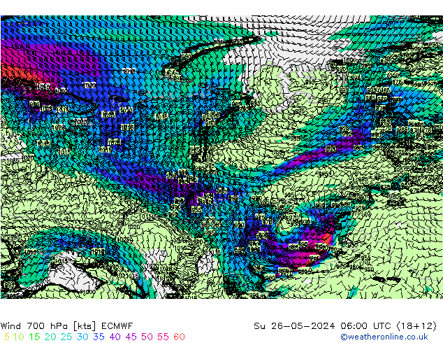 Wind 700 hPa ECMWF So 26.05.2024 06 UTC