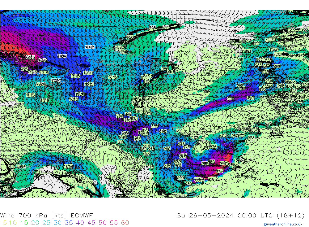 Viento 700 hPa ECMWF dom 26.05.2024 06 UTC