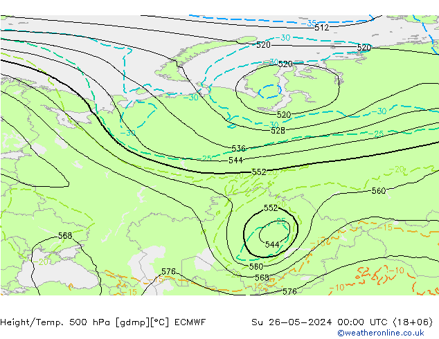 Z500/Yağmur (+YB)/Z850 ECMWF Paz 26.05.2024 00 UTC