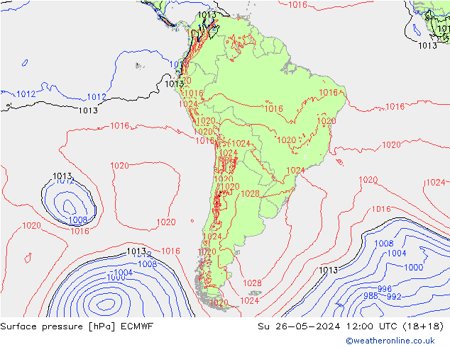 Atmosférický tlak ECMWF Ne 26.05.2024 12 UTC