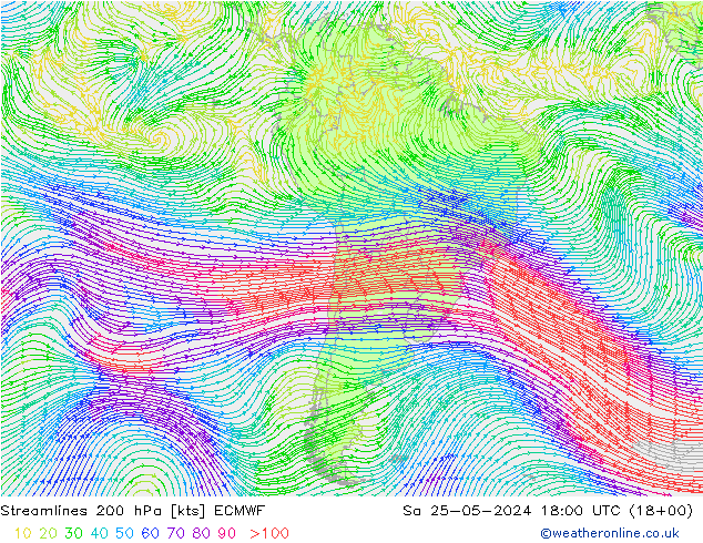 Linia prądu 200 hPa ECMWF so. 25.05.2024 18 UTC