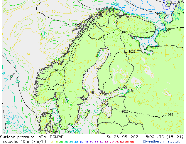 Isotachen (km/h) ECMWF zo 26.05.2024 18 UTC