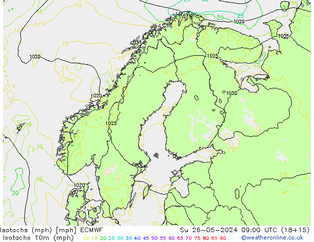 Isotachs (mph) ECMWF Su 26.05.2024 09 UTC