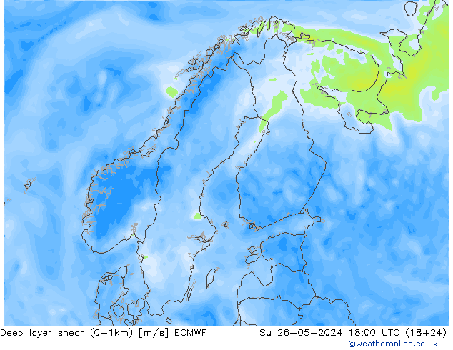 Deep layer shear (0-1km) ECMWF So 26.05.2024 18 UTC