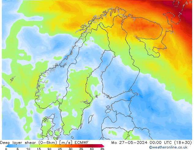 Deep layer shear (0-6km) ECMWF  27.05.2024 00 UTC