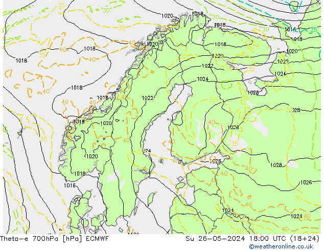 Theta-e 700hPa ECMWF So 26.05.2024 18 UTC