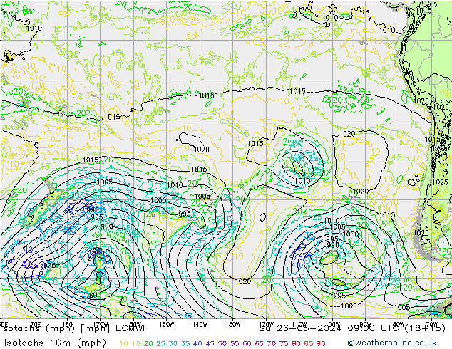 Isotachs (mph) ECMWF Su 26.05.2024 09 UTC