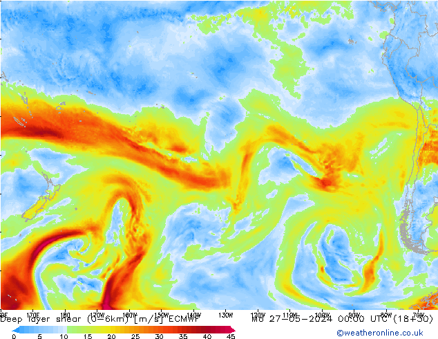 Deep layer shear (0-6km) ECMWF Mo 27.05.2024 00 UTC