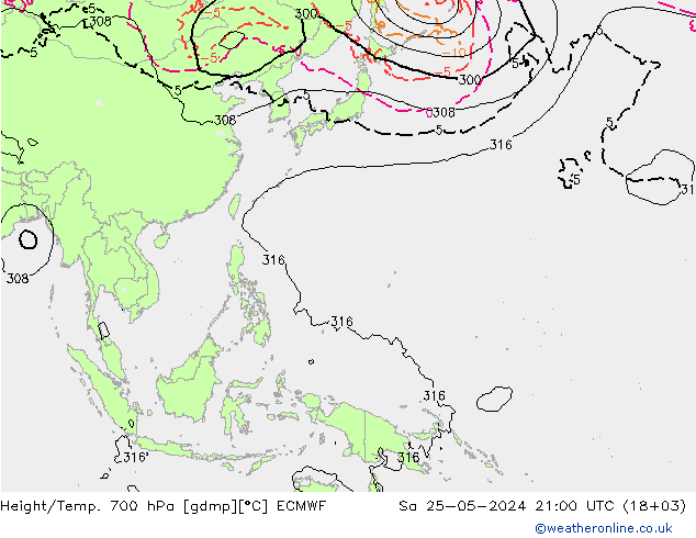 Hoogte/Temp. 700 hPa ECMWF za 25.05.2024 21 UTC