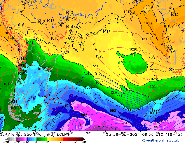 SLP/Temp. 850 hPa ECMWF zo 26.05.2024 06 UTC