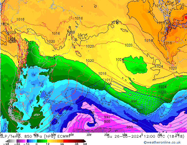 SLP/Temp. 850 hPa ECMWF nie. 26.05.2024 12 UTC