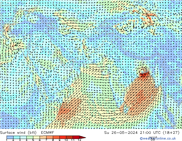 Wind 10 m (bft) ECMWF zo 26.05.2024 21 UTC