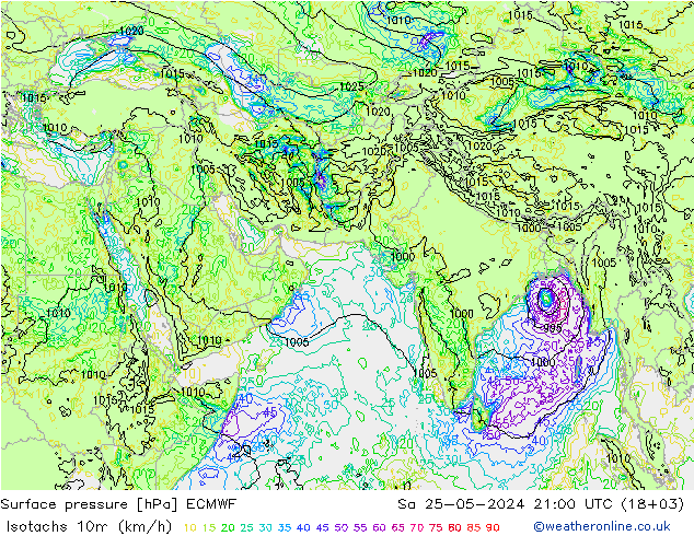 Isotachs (kph) ECMWF sab 25.05.2024 21 UTC