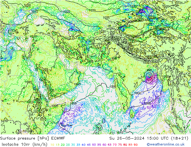 Isotachen (km/h) ECMWF So 26.05.2024 15 UTC