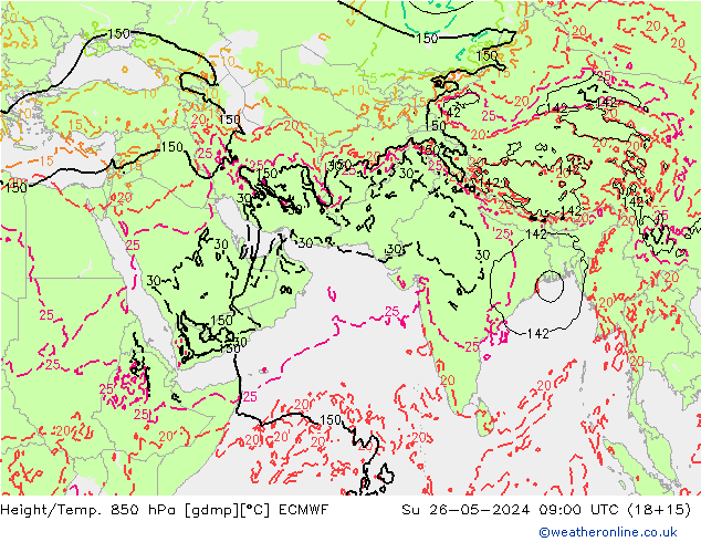 Hoogte/Temp. 850 hPa ECMWF zo 26.05.2024 09 UTC