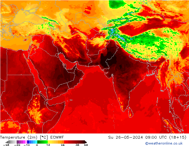 Temperatuurkaart (2m) ECMWF zo 26.05.2024 09 UTC