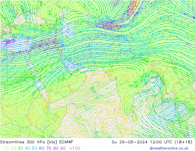 Stroomlijn 300 hPa ECMWF zo 26.05.2024 12 UTC