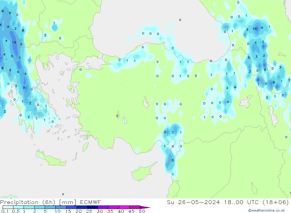 Prec 6h/Wind 10m/950 ECMWF dom 26.05.2024 00 UTC