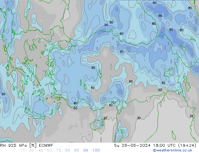 RH 925 гПа ECMWF Вс 26.05.2024 18 UTC