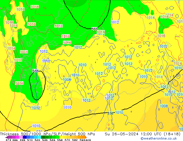 Espesor 500-1000 hPa ECMWF dom 26.05.2024 12 UTC