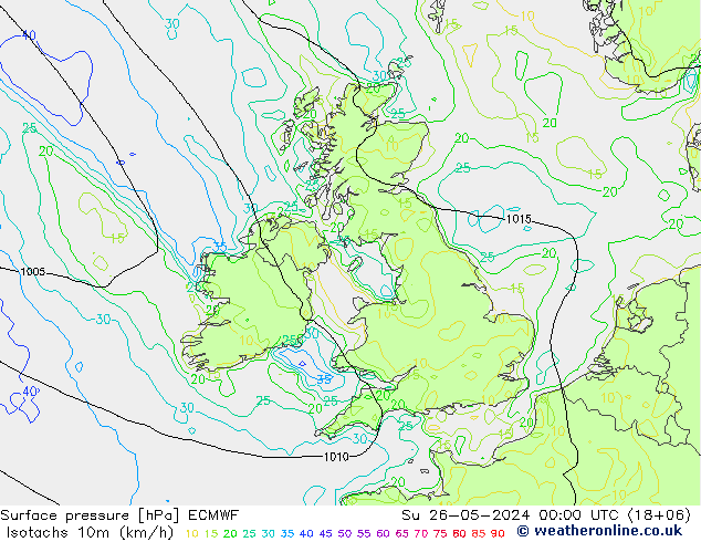 Isotaca (kph) ECMWF dom 26.05.2024 00 UTC