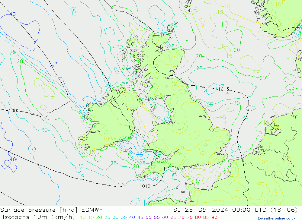 Isotachs (kph) ECMWF Su 26.05.2024 00 UTC