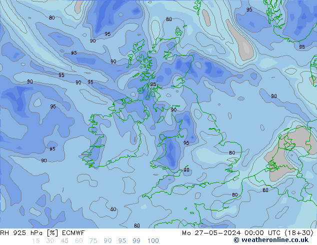 Humidité rel. 925 hPa ECMWF lun 27.05.2024 00 UTC