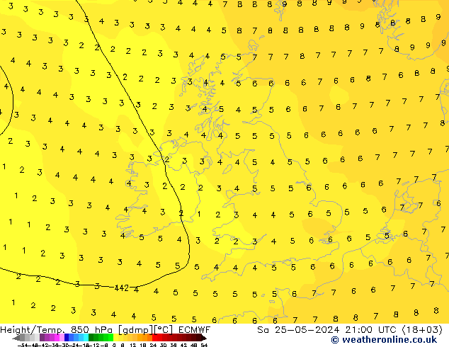 Height/Temp. 850 hPa ECMWF Sa 25.05.2024 21 UTC