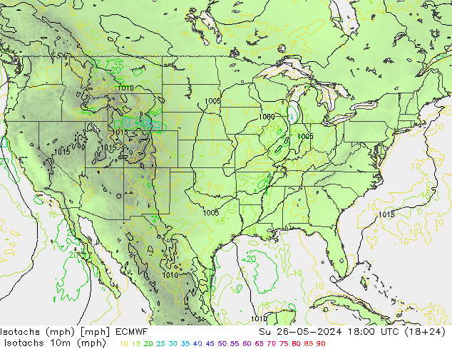 Isotachs (mph) ECMWF dom 26.05.2024 18 UTC