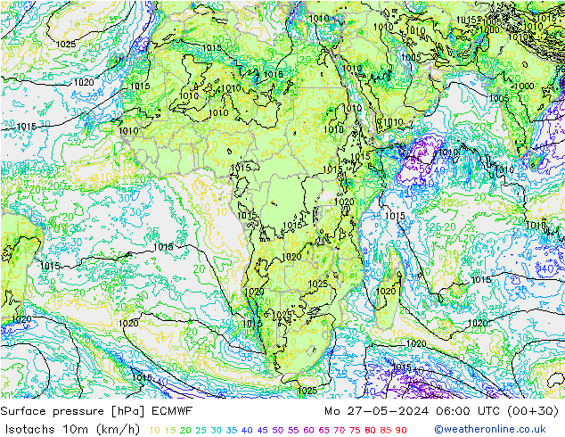 Isotachs (kph) ECMWF lun 27.05.2024 06 UTC