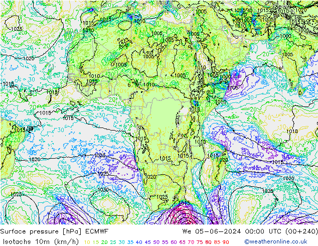 Isotachen (km/h) ECMWF Mi 05.06.2024 00 UTC