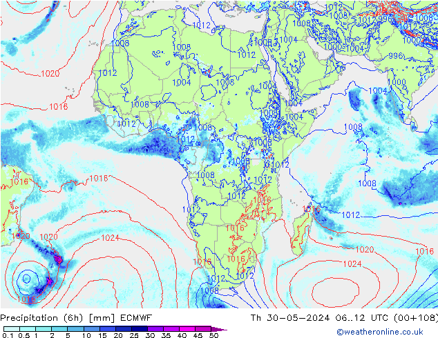 Precipitación (6h) ECMWF jue 30.05.2024 12 UTC