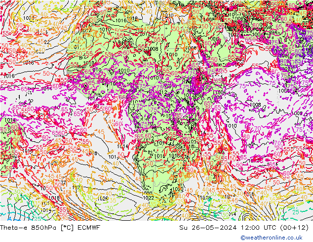 Theta-e 850hPa ECMWF Su 26.05.2024 12 UTC