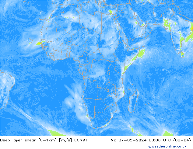 Deep layer shear (0-1km) ECMWF pon. 27.05.2024 00 UTC