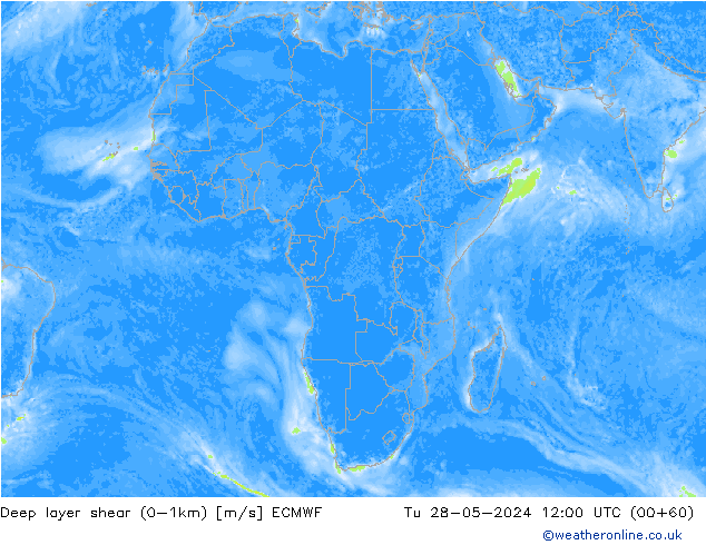 Deep layer shear (0-1km) ECMWF mar 28.05.2024 12 UTC