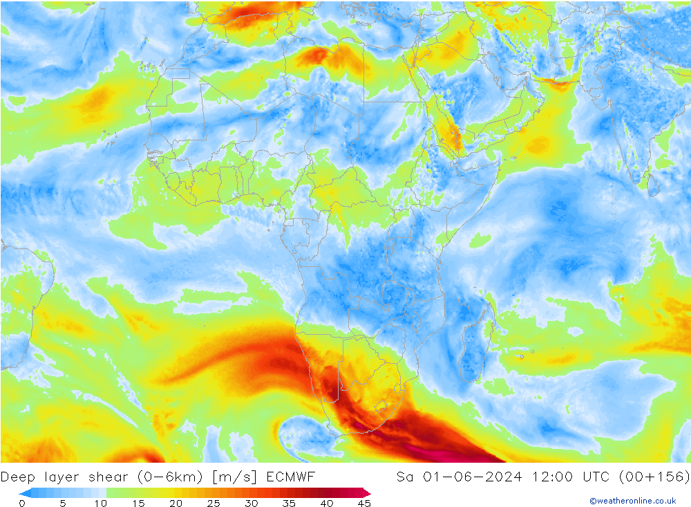 Deep layer shear (0-6km) ECMWF So 01.06.2024 12 UTC