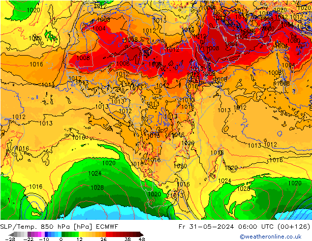 SLP/Temp. 850 гПа ECMWF пт 31.05.2024 06 UTC