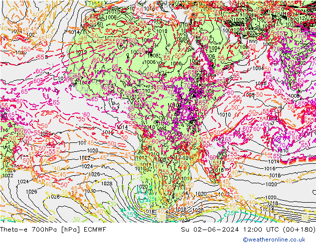 Theta-e 700hPa ECMWF dim 02.06.2024 12 UTC