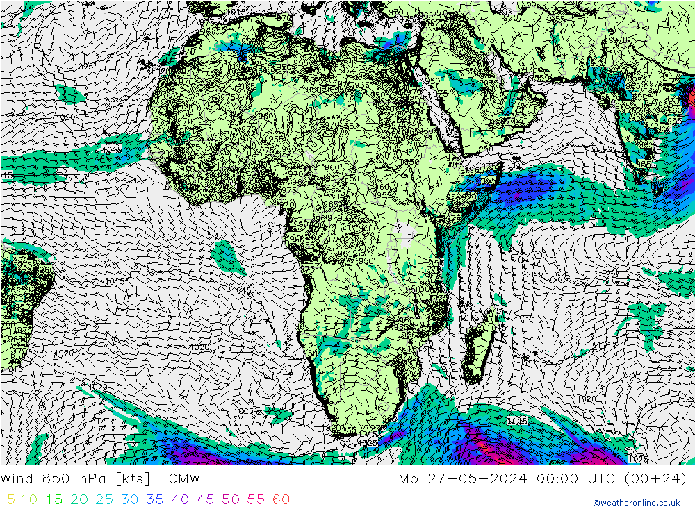 Rüzgar 850 hPa ECMWF Pzt 27.05.2024 00 UTC