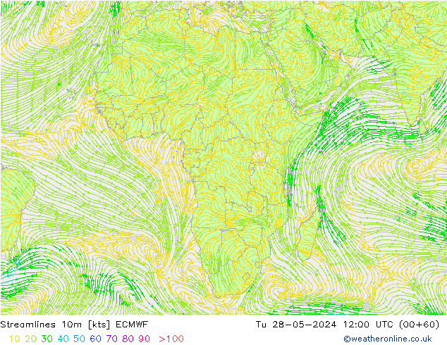 Linea di flusso 10m ECMWF mar 28.05.2024 12 UTC
