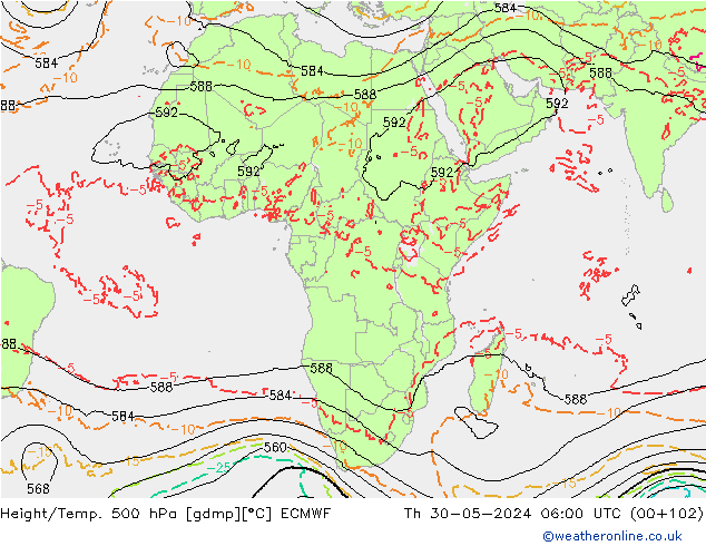 Z500/Rain (+SLP)/Z850 ECMWF Th 30.05.2024 06 UTC