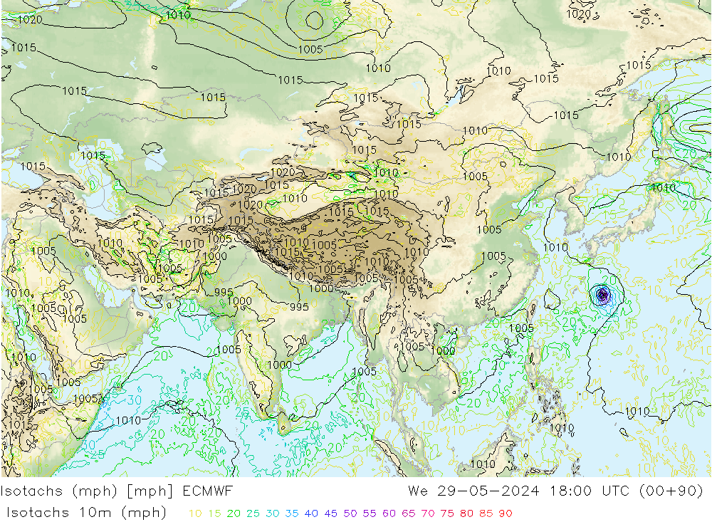 Isotachs (mph) ECMWF mer 29.05.2024 18 UTC