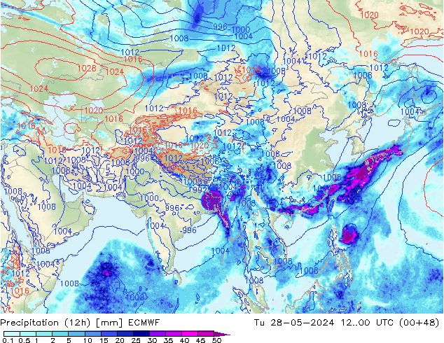 Precipitation (12h) ECMWF Út 28.05.2024 00 UTC
