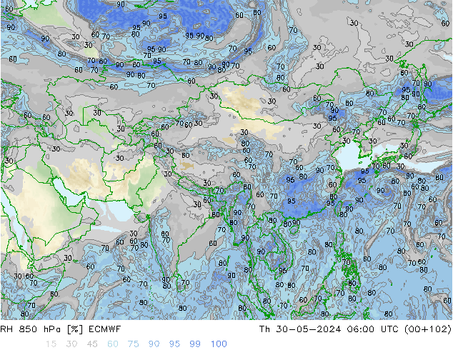 Humidité rel. 850 hPa ECMWF jeu 30.05.2024 06 UTC