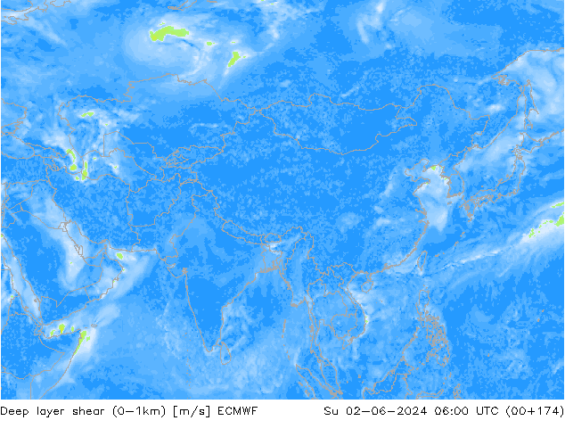 Deep layer shear (0-1km) ECMWF Paz 02.06.2024 06 UTC