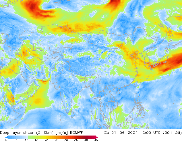 Deep layer shear (0-6km) ECMWF Sa 01.06.2024 12 UTC