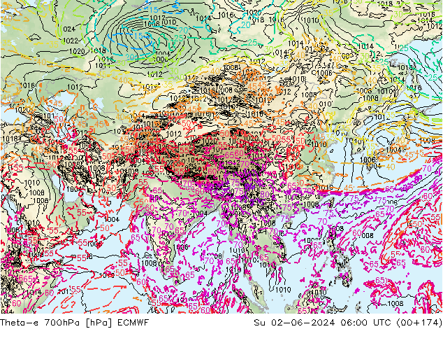 Theta-e 700hPa ECMWF Su 02.06.2024 06 UTC